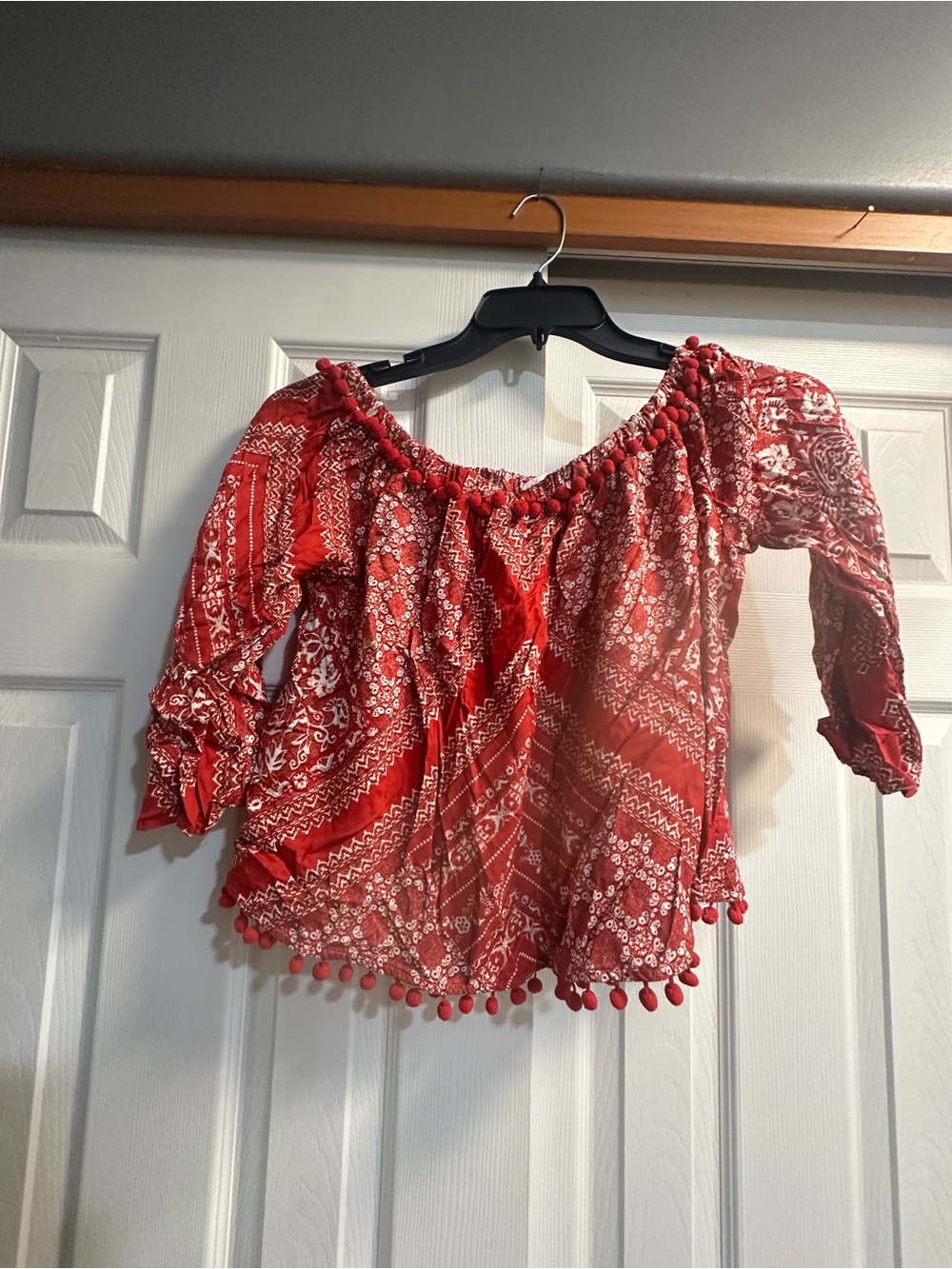 Women’s Red Off-Shoulder Peasant Blouse with Pom Trim